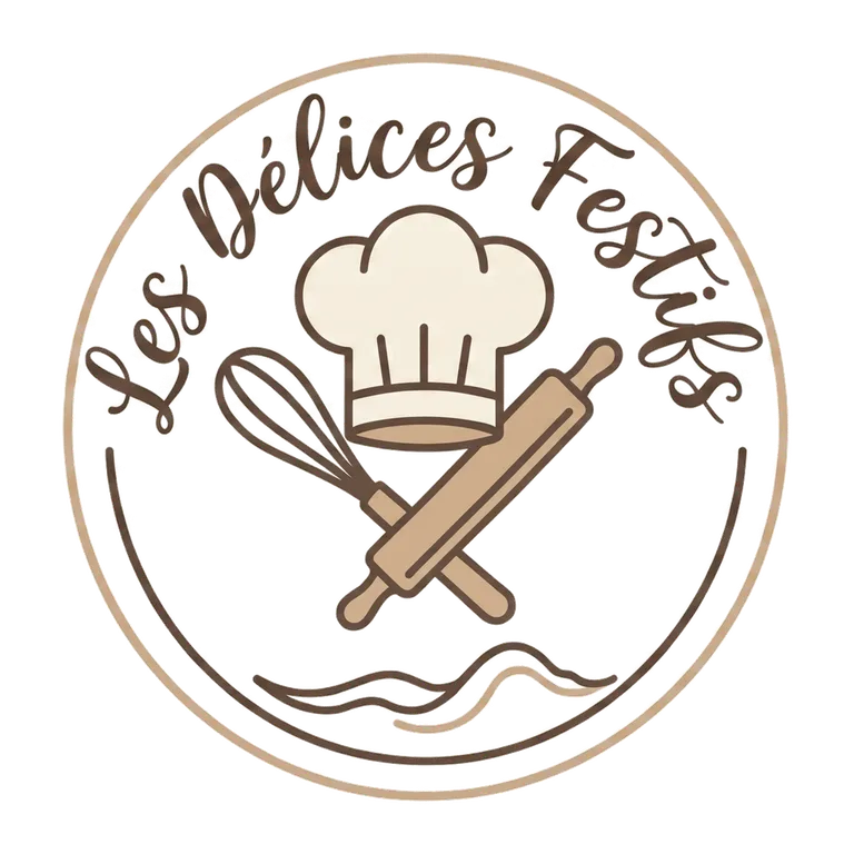 Logo des Délices Festifs : toque de pâtissier, fouet et rouleau à pâtisserie dans un cercle.